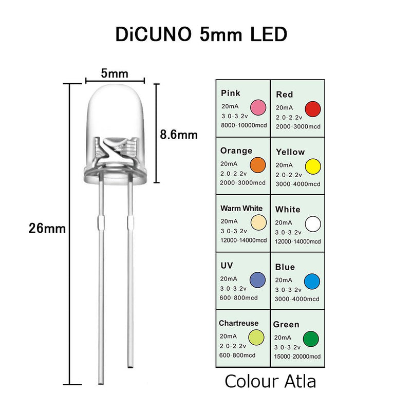 DiCUNO 100pcs (10 Colors x 10pcs) 5mm Bi-pin Light Emitting Diode Round Clear LED Assorted Kit 10 Light Colors White/Red/Yellow/Green/Blue/Pink/Orange/Warm White/UV/Chartreuse A) 10 Colors, 100pcs