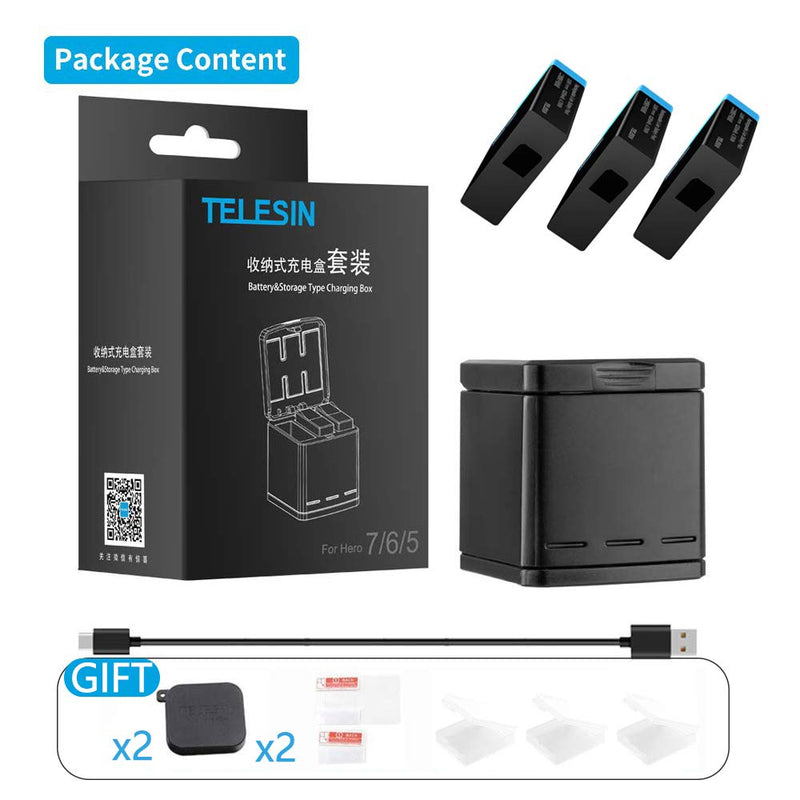 TELESIN 3-Pack Replacement Batteries and Triple Charger Compatible for GoPro Hero 8 Hero 7 Black Hero 6 Hero 5 Black Camera, with Accessories Lens Cover, Lens Protector Film, Battery Cases