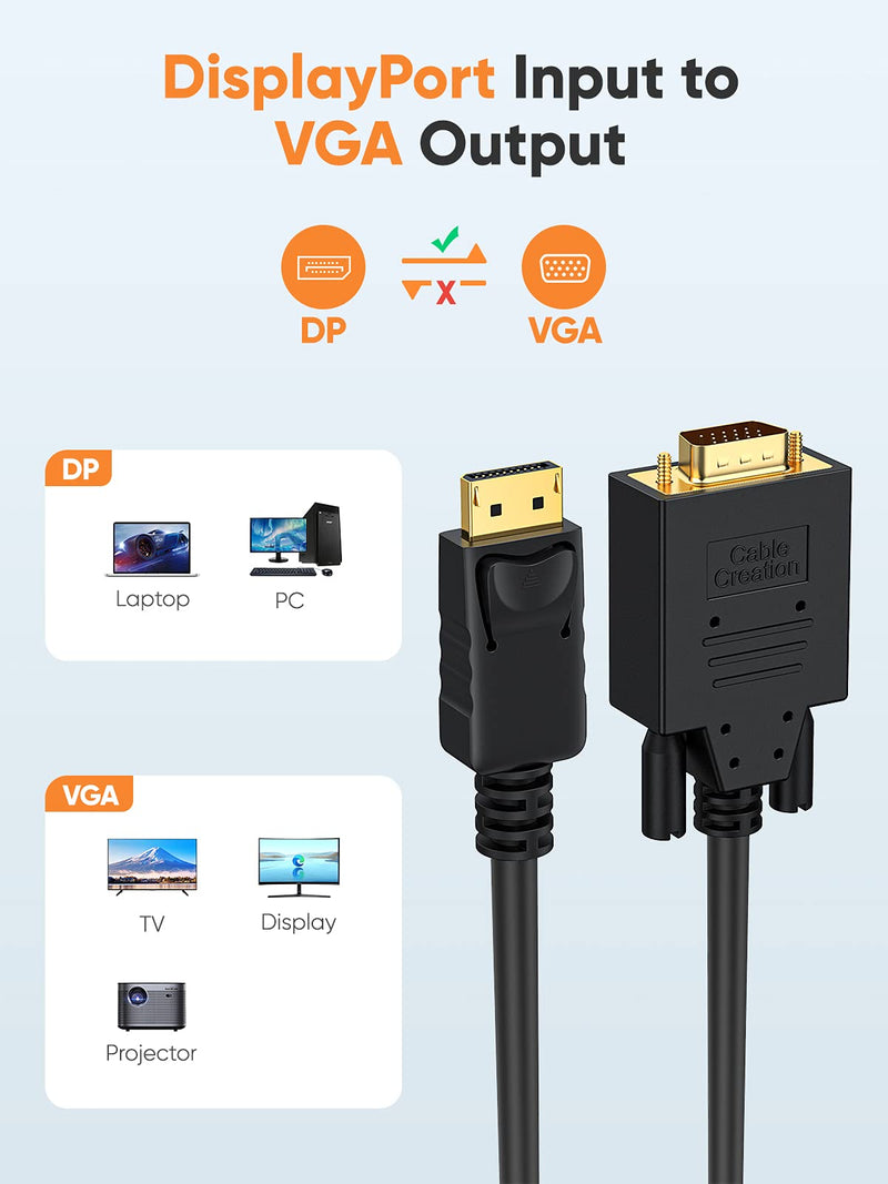 CableCreation Displayport to VGA Cable 6FT, Displayport to VGA Adapter Gold Plated 1080P@60Hz, Standard DP Male to VGA Male Cable, Compatible with Laptop, PC, TV, Projector, Black 6FT-1PACK ABS