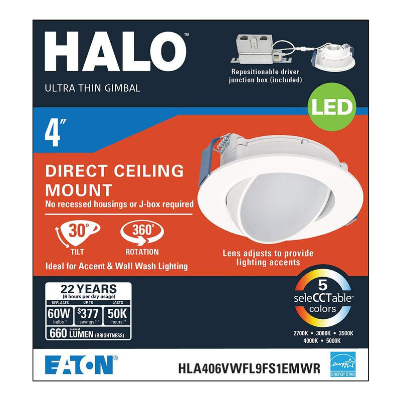 Halo HLA406VWFL9FS1EMWR HLA 4 in. Color Selectable (2700K-5000K) Canless Wide Beam Adjustable Gimbal Integrated Kit LED Recessed Trim, Round, White 4" Gimbal - ROUND