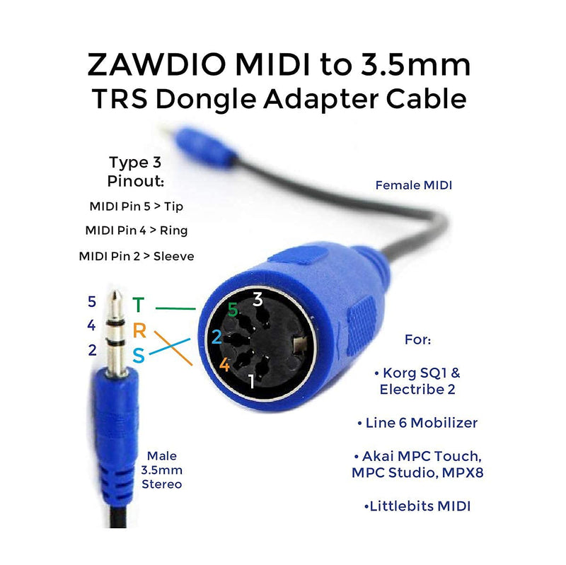 ZAWDIO - MIDI to 3.5mm Breakout Cable for - Akai, Korg, Line6, LittleBits - Midi Female to TRS 3.5mm Male - MPC Studio,Touch, MPX8, Electribe 2,SQ-1
