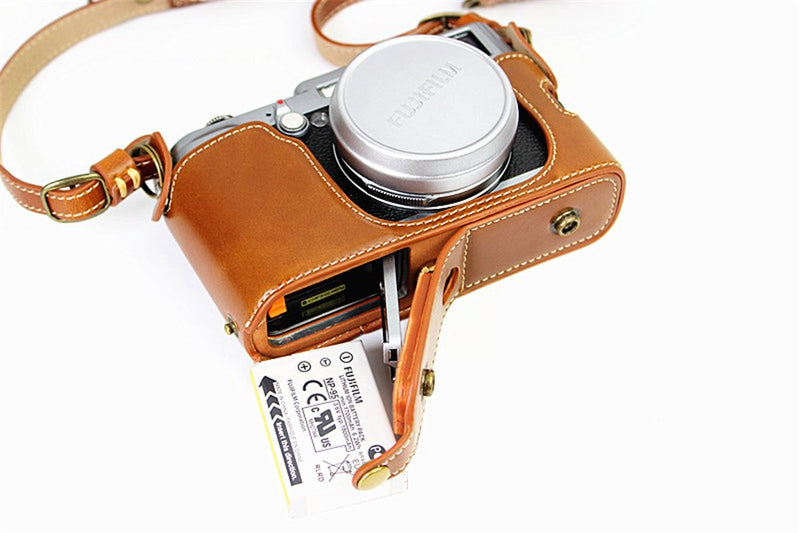 X100 Case, BolinUS Handmade PU Leather Fullbody Camera Case Bag Cover for Fujifilm Fuji X100 X100S X100T Bottom Opening Version + Neck Strap -Brown Brown