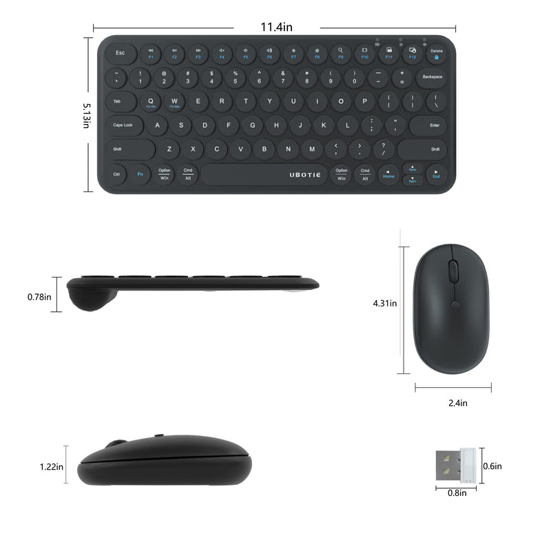 Mini Computer Wireless Keyboard and Mouse Combo, UBOTIE Colorful Compact Silent Linear Switch Round Keycaps TKL Keyboards with Optical Mouse for Travel Business(Black) Black