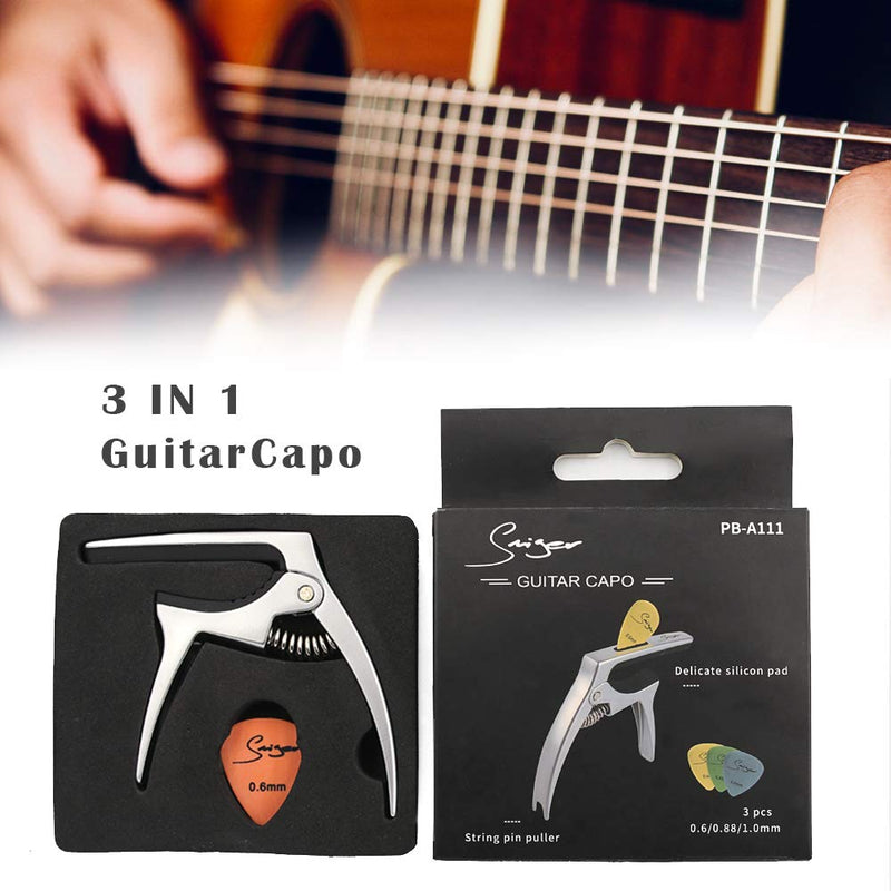 Universal Guitar Capo 3 in1 Zinc Alloy Metal Capos Silver for Acustic Electric Guitar with Pick Holder and 3 Picks picks)