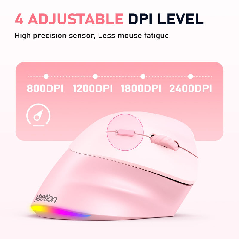 MEETION Ergonomic Mouse, Wireless Vertical Mouse RGB Backlit Rechargeable Mice for Bluetooth(5.2 + 3.0) & USB-A with Type-c Adapter 4 Adjustable DPI Compatible Mac/Windows/Andriod/PC/Tablet/iPad Pink Right-Handed