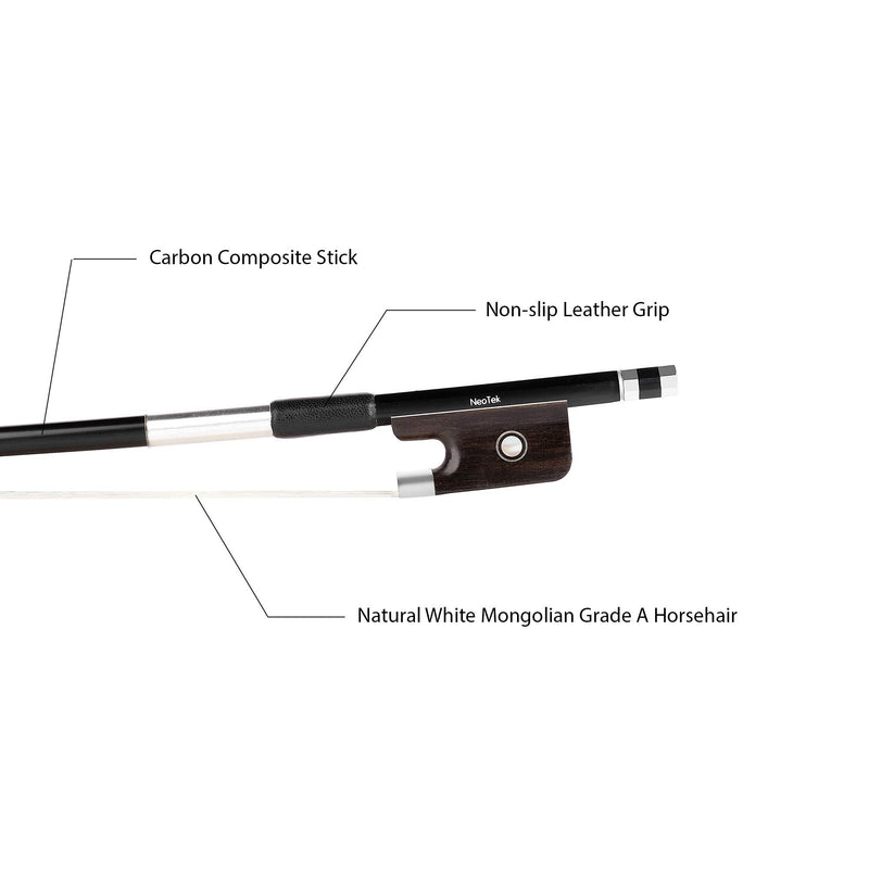 NeoTek Carbon Composite Cello Bow - Matte Finish, Round Stick, Fully-lined Ebony Frog, Authentic Horsehair (1/2) 1/2