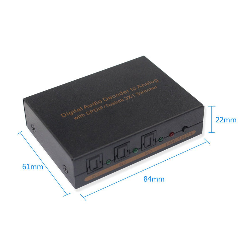 Digital to Analog Audio Decoder Converter with SPDIF/Toslink 3X1 Switch Support 5.1 Channel Audio SPDIF+L/R Headphones Audio