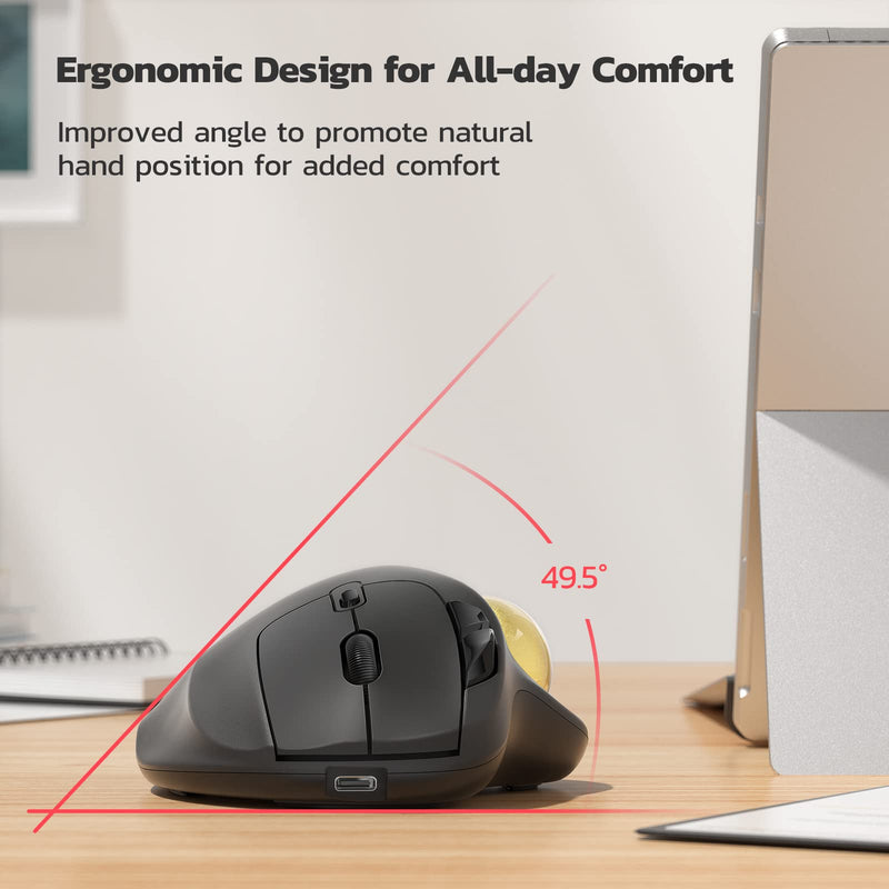 Wireless Trackball Mouse, Rechargeable Ergonomic Mouse, Easy Thumb Control, Precise & Smooth Tracking, 3 Device Connection (Bluetooth or USB), Compatible for PC, Laptop, iPad, Mac, Windows, Android Gold