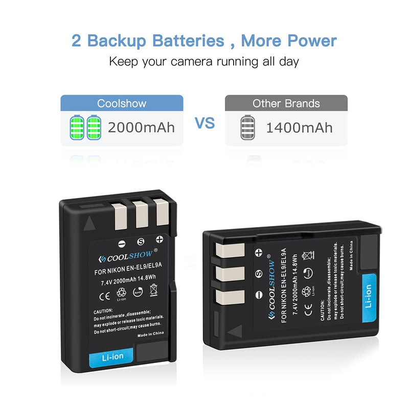 COOLSHOW EN-EL9 Battery 2 Pack and Dual EN-EL9A Dual Battery Charger Compatible with Nikon D3000 D5000 D40 D40x D60 Digital SLR Cameras