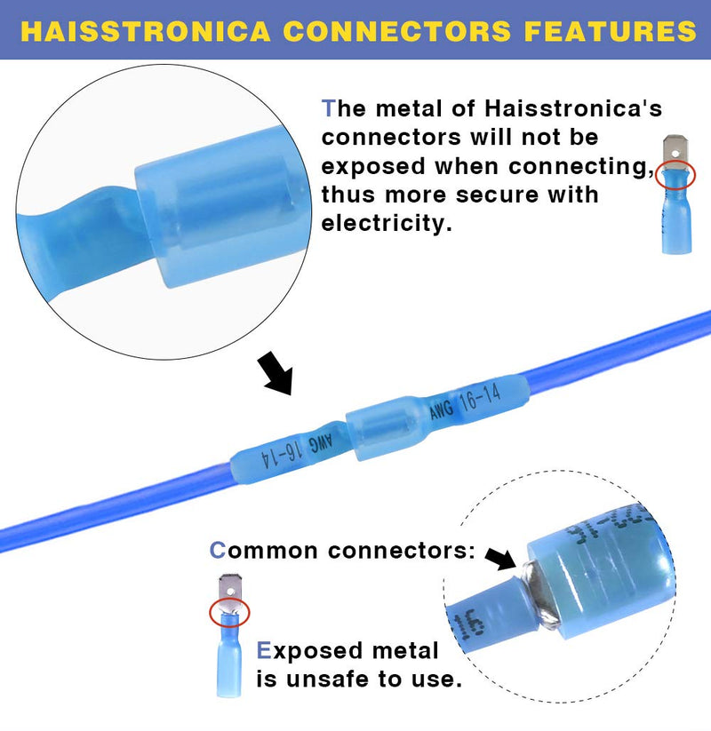 haisstronica 200PCS Blue Heat Shrink Female Spade Connectors,AWG 16-14 Heat Shrink Female Spade Terminlas Kit,Electrical Quick Disconnect Wire Connectors AWG 16-14 Blue Female 200PCS