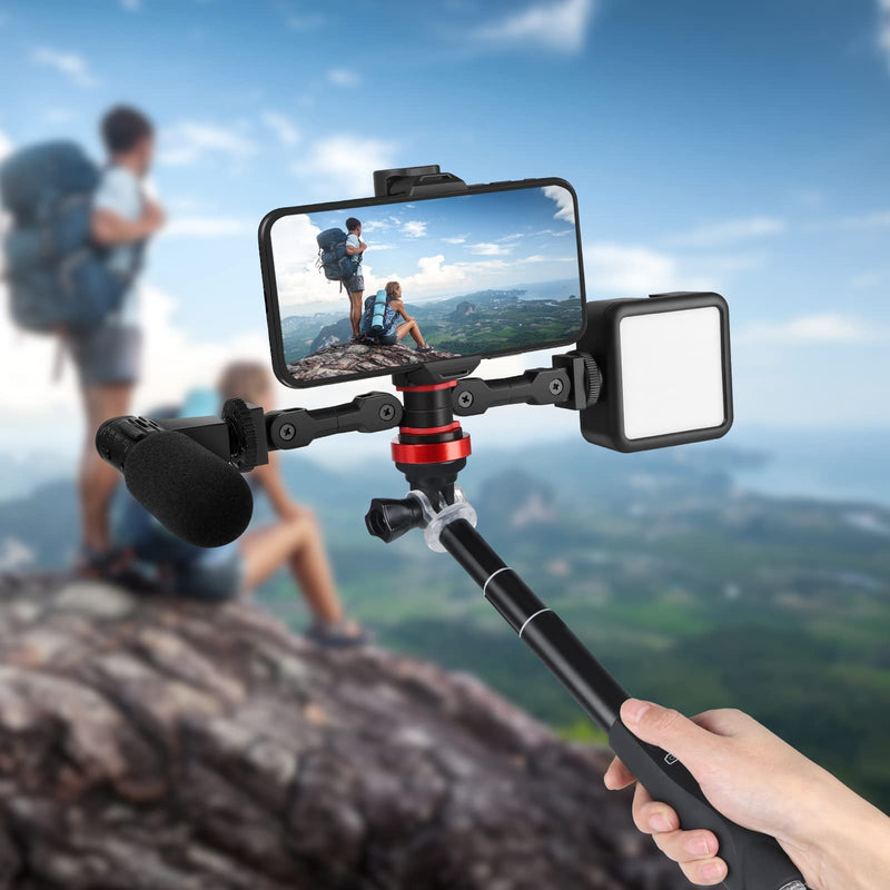 ChromLives Cold Shoe Mount Adapter with Phone Clip,Rotatable Dual Cold Shoe Extension Bracket Hot Shoe Mount Adapter for Led Light/Microphone Red