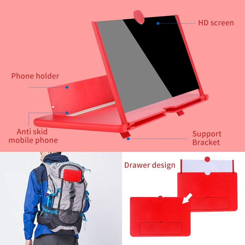 12'' 3D Phone Screen Magnifier – HD Magnifier Projector Screen Enlarger for Videos, Movies, Games – Foldable Phone Stand with Screen Amplifier – Supports All Smartphones (Red) Red