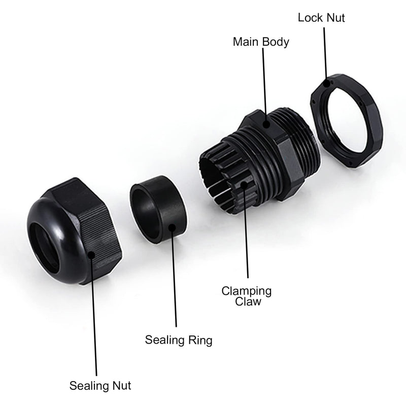Fielect 40Pcs Cable Gland Waterproof Plastic Joint Adjustable Locknut Black For 3mm-13mm Dia Cable Wire M12 M18 M20 M22 Cable Gland Joints Assortment Set Cable Gland Kits