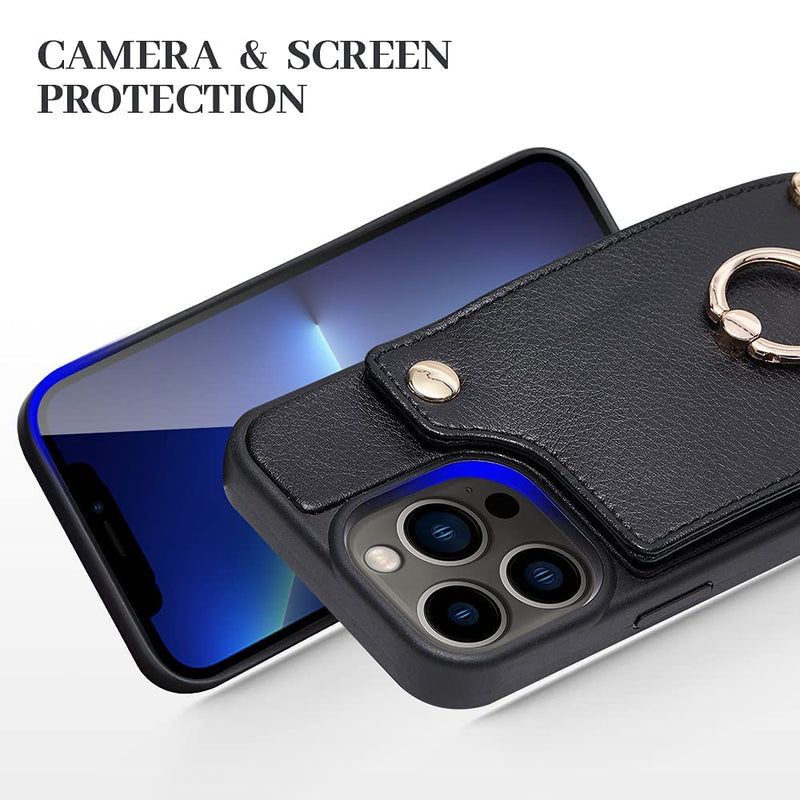 [AUSTRALIA] - LAMEEKU Compatible with iPhone 13 Pro Case Wallet 6.1'', Leather Case with Card Holder, RFID Blocking, 360°Rotation Ring Kickstand, Snap Button Protective Case Designed for Apple iPhone 13 Pro Black 