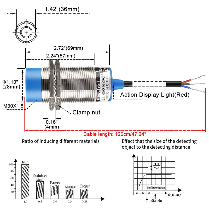 Heschen M30 Capacitive Proximity Sensor Switch Non-Shield Type LJC30A3-H-Z/AX Detection 1-15mm 10-30VDC 200mA NPN Normally Closed(NC) 3 Wires