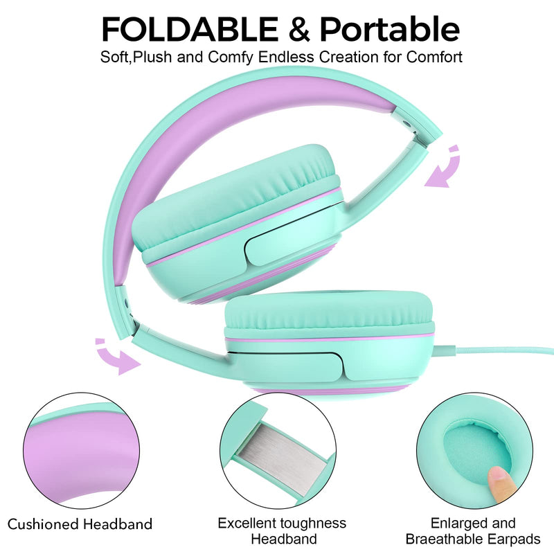 JOMILIN A10 On-Ear Headphones with Microphone, Lightweight Folding Stereo Bass Headphones with 1.5M No-Tangle Cord, Portable Wired Headphones for Smartphone Tablet Computer MP3 / 4 (Green) Green