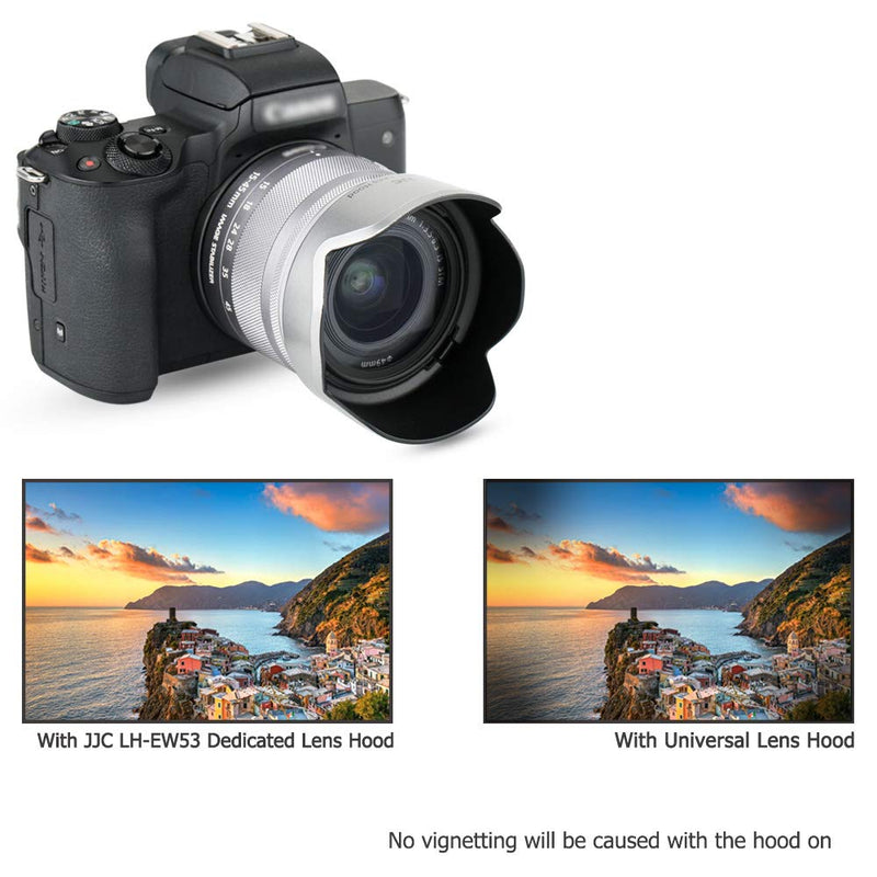 JJC Lens Hood Shade for Canon EF-M 15-45mm f/3.5-6.3 is STM Lens on Canon EOS M50 Mark II M50 M5 M6 Mark II M200 M100 M10 Replace Canon EW-53 Hood -Silver Silver