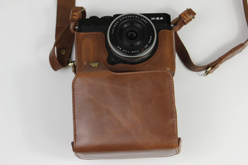 X-E4 Case, BolinUS Handmade PU Leather Fullbody Camera Case Bag Cover for Fujifilm Fuji X-E4 XE4 XF 27mm Lens F2.8 Bottom Opening Version + Neck Strap + Mini Storage Bag (Coffee) Coffee