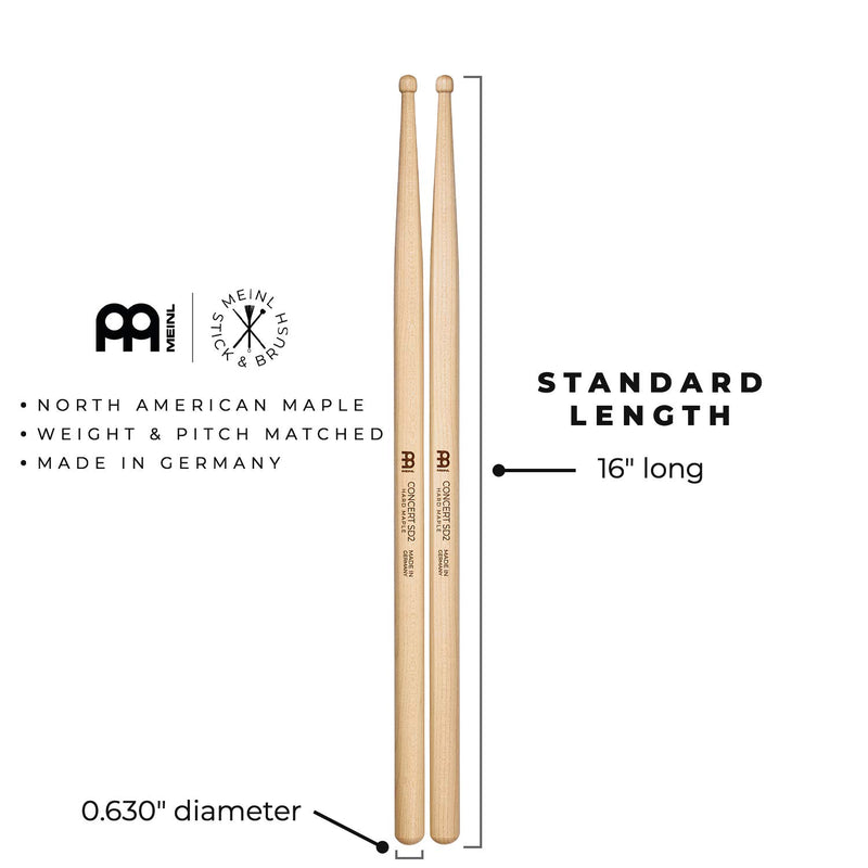 Meinl Stick & Brush Drumsticks, Concert SD2-Hard Maple with Barrel Shape Wood Tip-Made in Germany (SB114) Single Pair