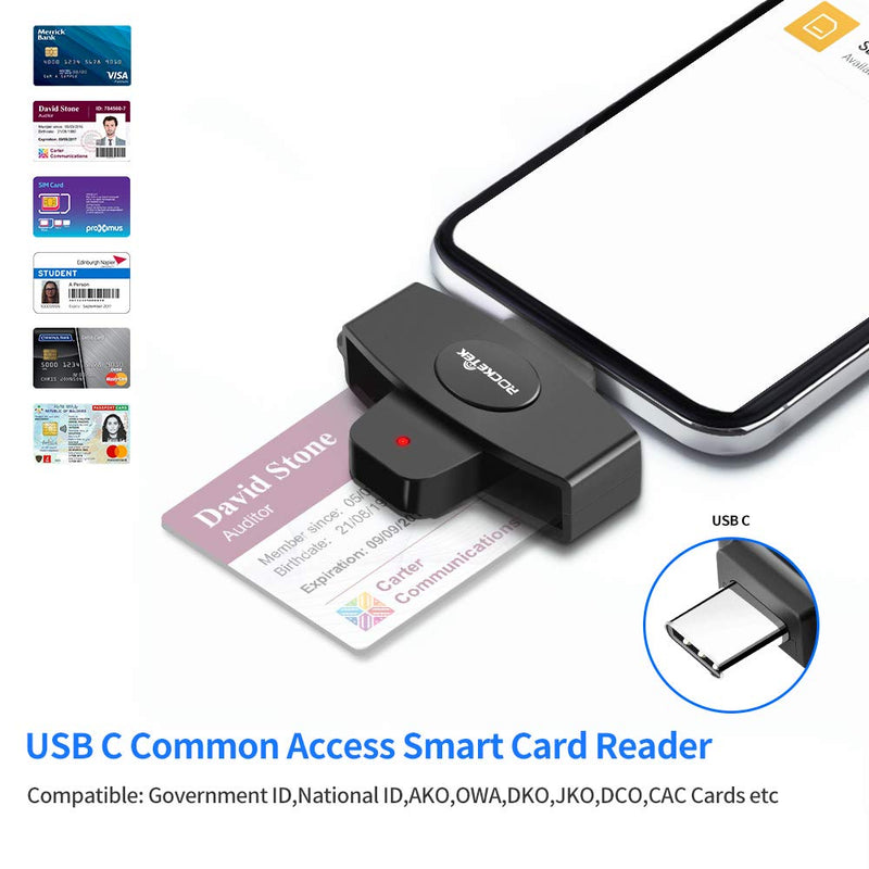 Type C CAC Card Reader Rocketek DOD Military USB-C Common Access CAC Smart Card Reader, Credit Card Reader/CAC Chip Card Reader Compatible with Android Phones, MacBook Pro, iMac, Other Type C Laptops RT-TCR7
