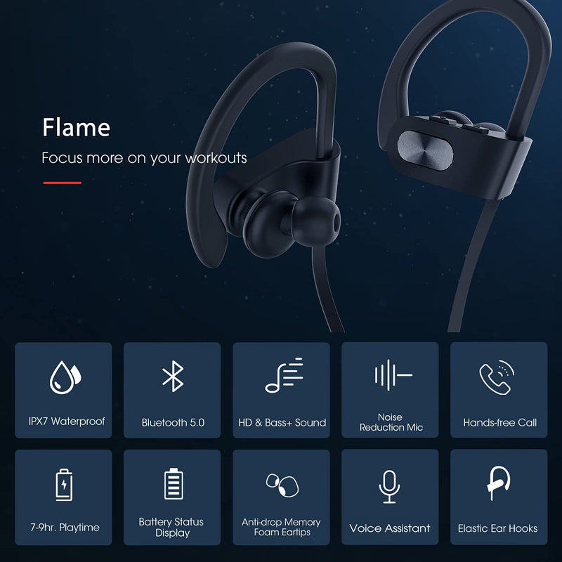 Bluetooth Headphones V5.0, Flame Running Headphones w/16 Hrs Playtime, Bass+ HD Stereo Wireless Sports Earphones w/IPX7 Waterproof Earbuds in Ear for Workout, Gym w/CVC6.0 Noise Cancelling Mic Black