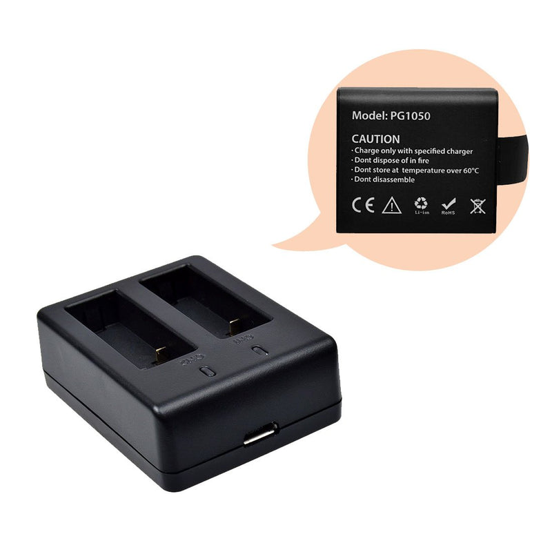 Campark 2 x 1050mAh Rechargeable Action Camera Battery with USB Dual Charger Compatible with Action Camera ACT74/ACT76/X20/AKASO/Crosstour/EKEN/APEMAN/SJCAM
