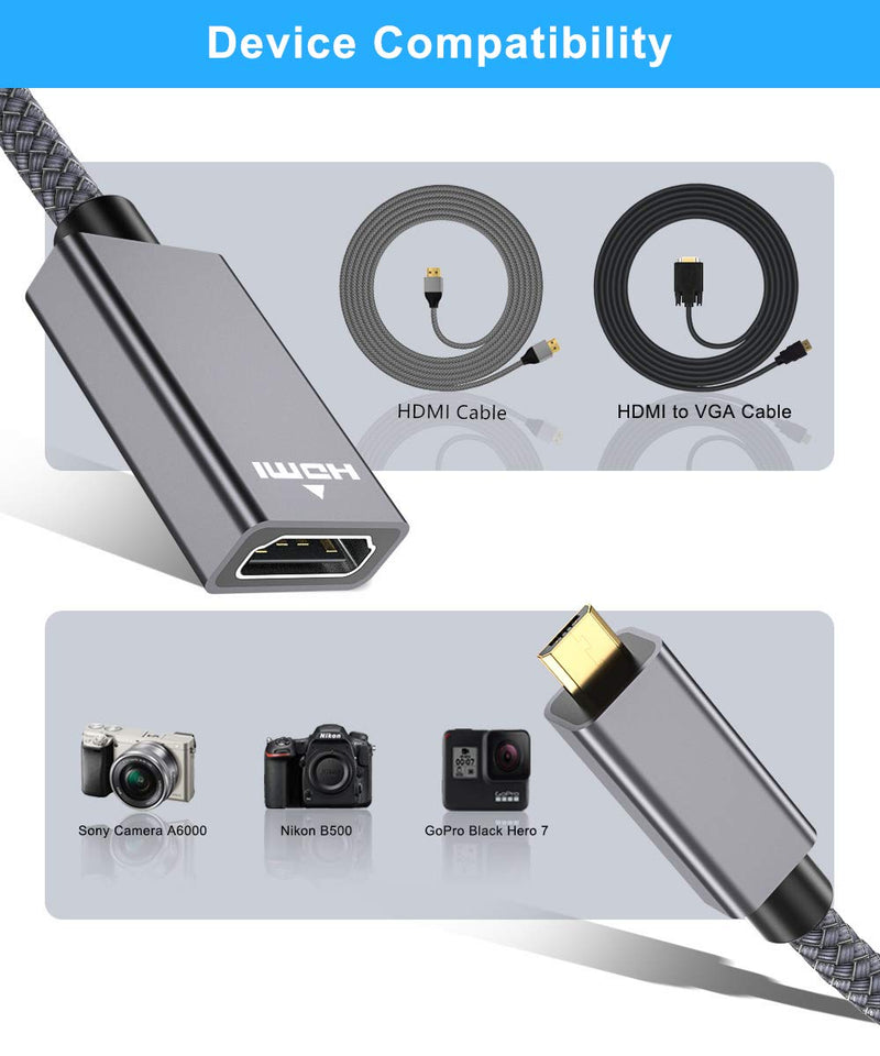 Micro HDMI Male to HDMI Female Cable Adapter,4K/60Hz 0.67 FT High Speed Standard HDMI 2.0 Connector for Raspberry Pi 4,GoPro Black Hero 7 6 5 4,Sony Camera A6000 A6300,Nikon B500 Gray