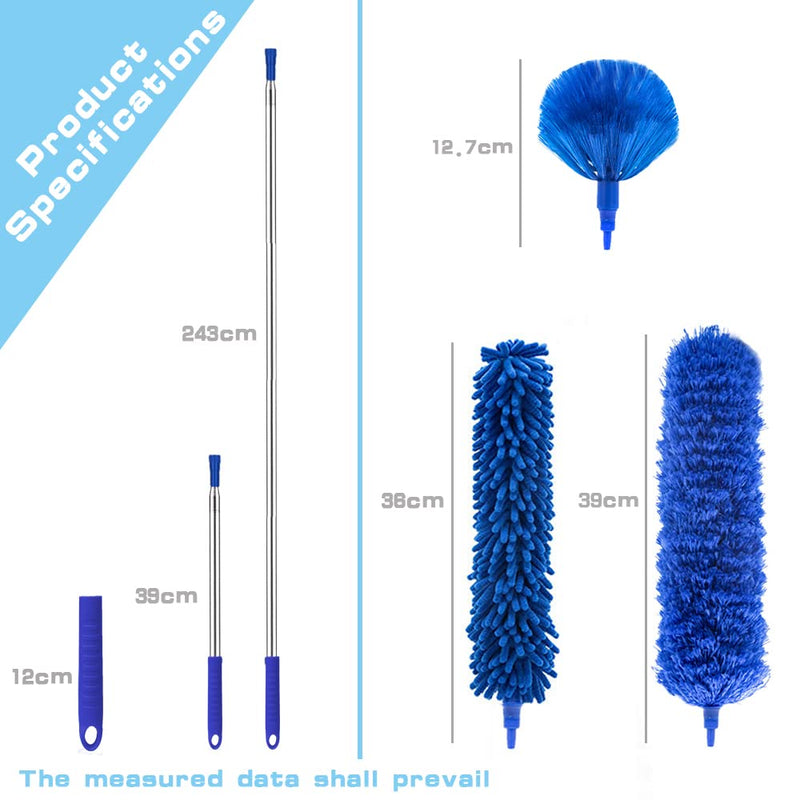 Microfiber Duster, Feather Duster with 100 Inch Telescoping Extension Pole, Reusable Bendable Dusters, Washable Lightweight Dusters for Ceilings Fans [2022 Upgrade] Blue
