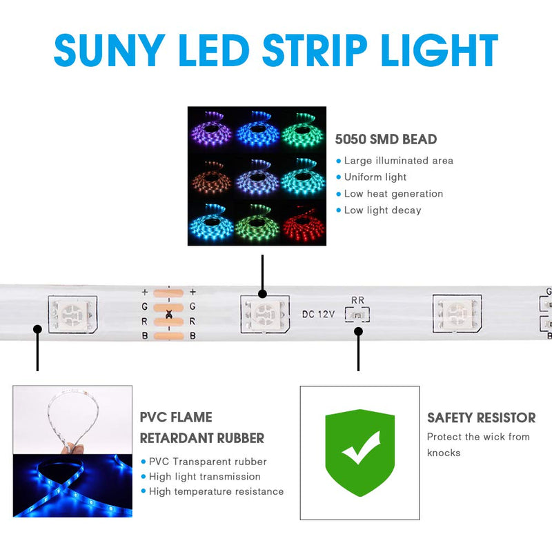 [AUSTRALIA] - SUNY LED Strip Light, 16.4ft RGB Colorful Changing Tape Light Kits w/Remote Control, Self-Sticking Rope Light Ribbon Lighting for DIY TV Car Room Backlight Home Kitchen Decoration 