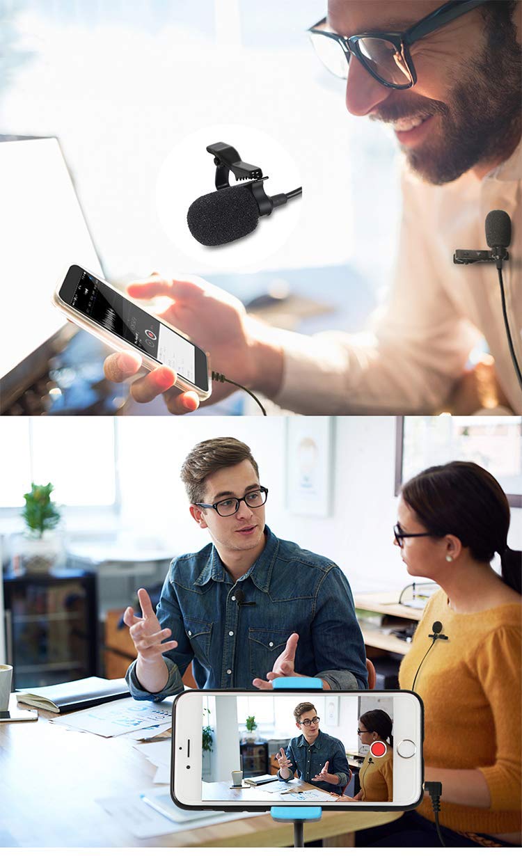 Dual-Head Lavalier Microphone, Professional Lapel Clip-on Omnidirectional Condenser Mic for Apple iPhone,Android,PC,Recording YouTube,Interview,Video Conference,Podcast