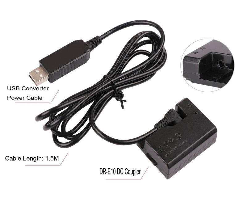 CCYC DR-E10 DC Coupler Replace of LP-E10 Battery and USB DC Converter Power Cable Replacement for ACK-E10 AC Power Adapter, Suit for Canon EOS Rebel T3, T5, T6, EOS 1100D, 1200D, 1300D Cameras