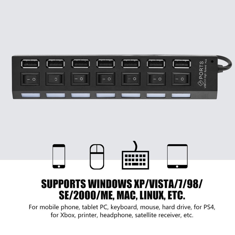 480Mbps 7 Port USB Hub No Conflict Suitable for Windows XP/Vista/7/98/SE/2000/ME, Mac, Linux, Plug and Play, 7 Port USB 2.0 Hub for Mouse/Printer/Scanner