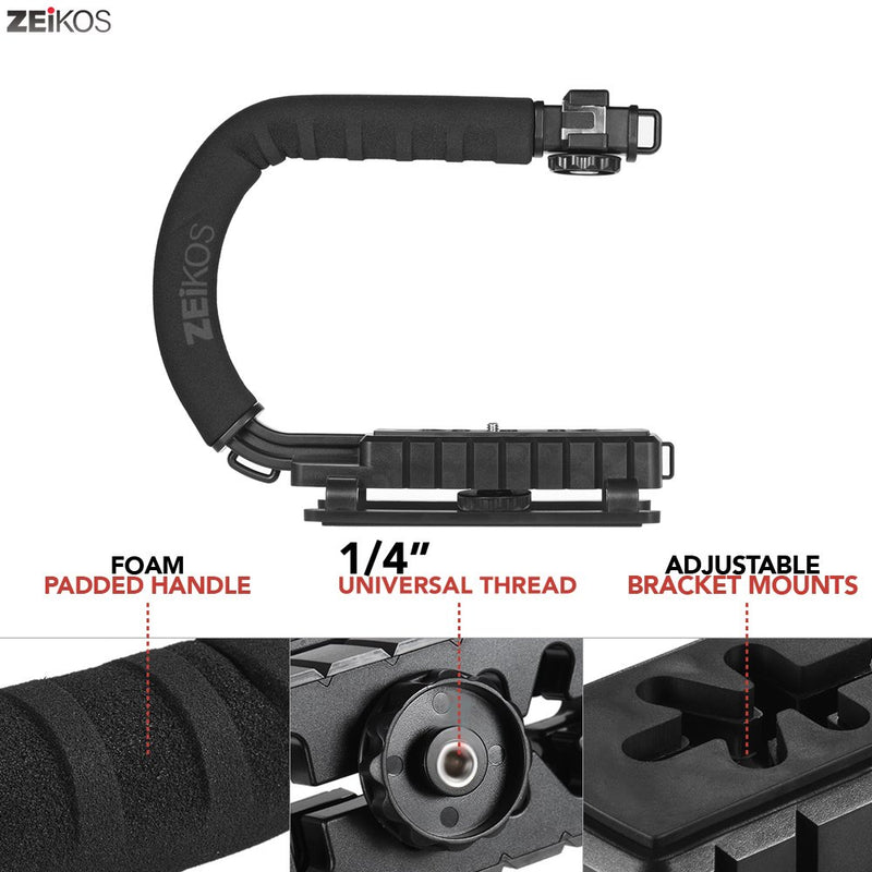 Zeikos Video Action Stabilizing Handle Grip Handheld Stabilizer with Shoe Mount and C Shape Rig Low Position Shooting System for DSLR, GoPro, Smartphones + Free MiracleFiber Microfiber Video Stabilizer Set