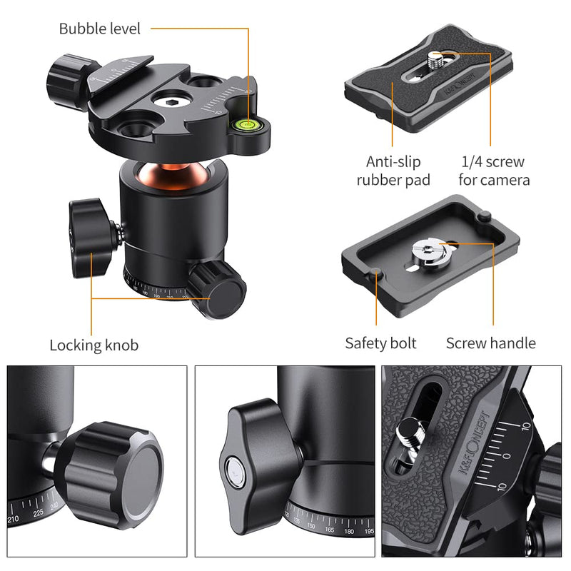 K&F Concept 25mm Metal Tripod Ball Head 360 Degree Rotating Panoramic with 1/4 inch Quick Release Plate Bubble Level for Tripod Monopod Slider Camera Camcorder up to 22 pounds/10 kilograms 25mm Ball Head