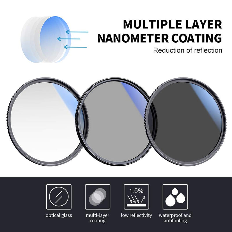 K&F Concept 77mm UV/CPL/ND Professional Lens Filter Kit (3 Pieces), UV Filter + Circular Polarizing Filter + Neutral Density Filter (ND4) + Cleaning Pen + Filter Pouch for Camera Lens
