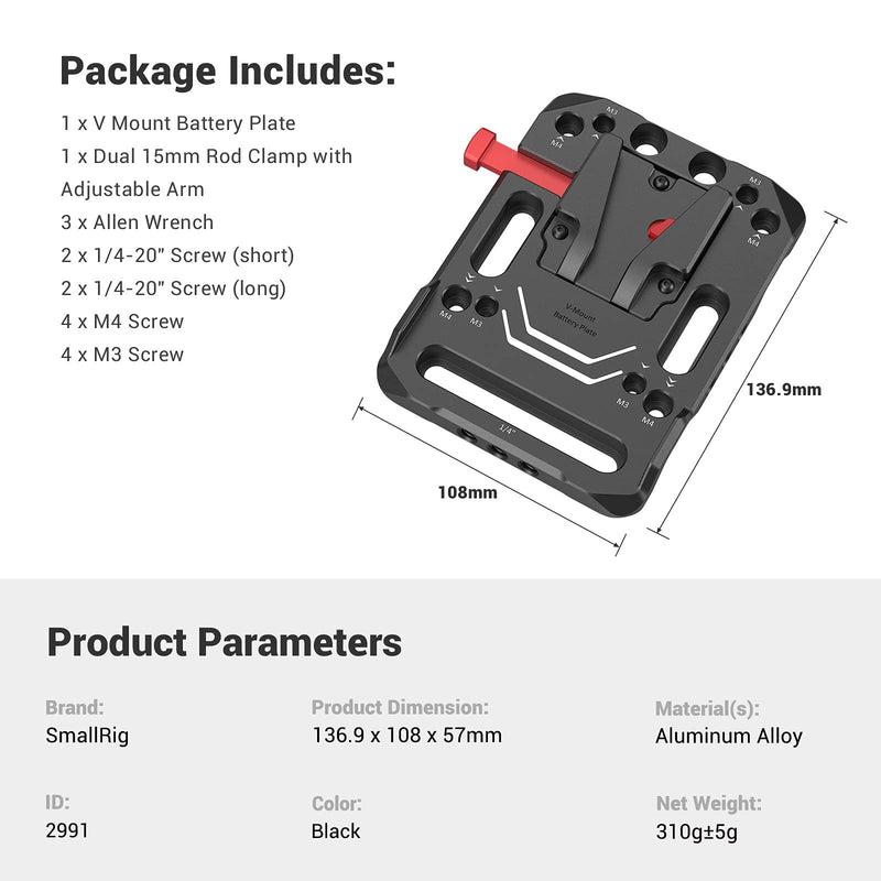 SMALLRIG V-Lock Mount Battery Plate with with 15mm Rod Clamp & Adjustable Arm - 2991
