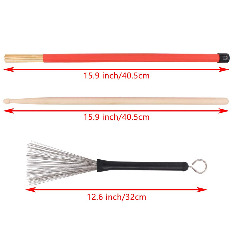 XtremeAmazing Drum Sticks Set 2Pcs 5A Maple Wood Drum Sticks 2Pcs Retractable Drum Wire Brush 2Pcs Rods Drum Brushes for Rock Band Jazz Folk Students Kids Adults