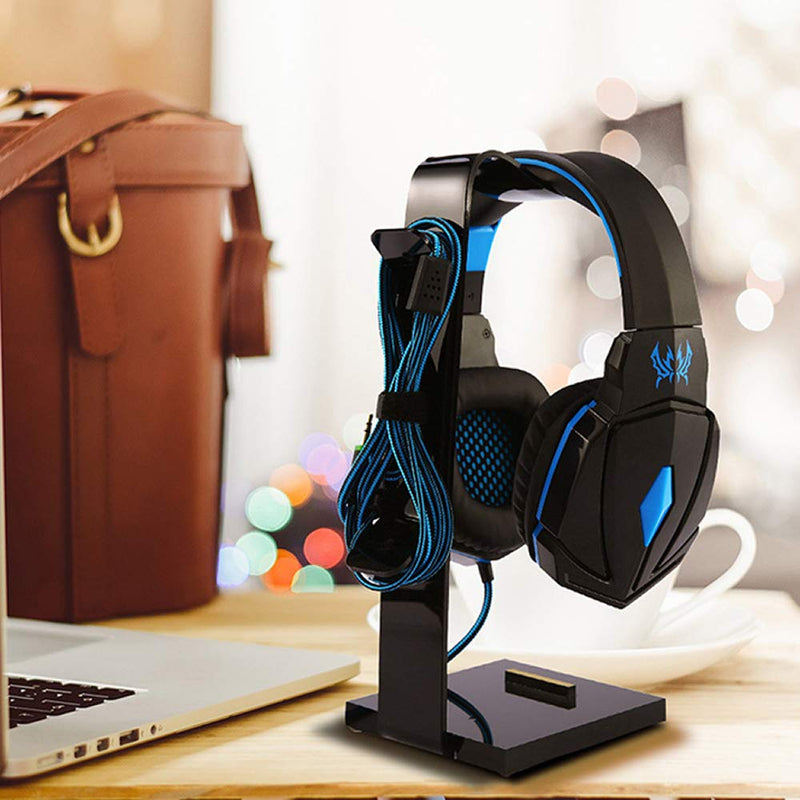 LANSCOERY Acrylic Headset Display Stand Sturdy Gaming Headphone Holder Earphone Hook with Cable Holder for All Headphones (Black) Black