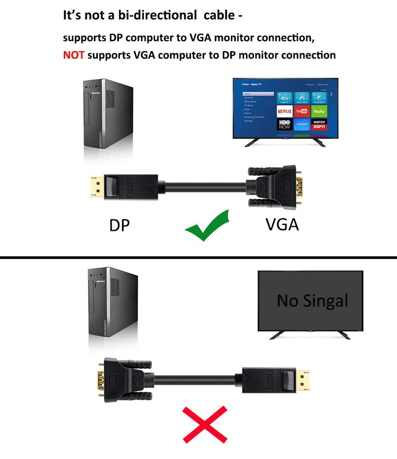 DTech Displayport to VGA Cable 10ft, DP Male to Male Cord Adapter with Gold Plated Connector (Black, 10 Feet)