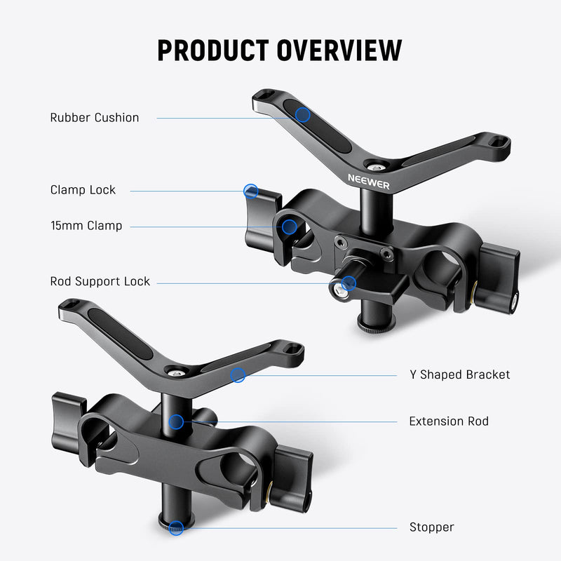 NEEWER Camera Lens Support with Dual 15mm Rod Rail Clamp, Universal LWS Y Bracket with 2.2"/55mm Height Adjustment for Heavy Lenses, Compatible with SmallRig Cage Sony A7 Canon R5 BMPCC 6K Pro, CA012