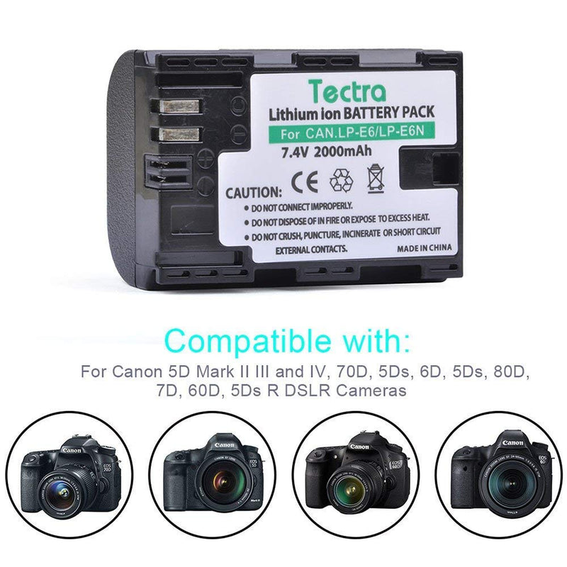 Tectra LP-E6, LP-E6N Replacement Battery with Battery Storage Box for Canon EOS 5D Mark II, Mark III, Mark IV, 5DS, 5DS R, 6D, 60D, 60Da, 6D Mark II, 7D, 7D Mark II, 70D, 80D, R, XC10, XC15