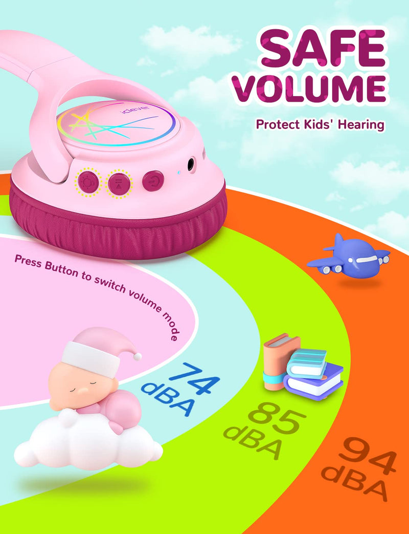 iClever Kids Bluetooth Headphones with LED Lights, BTH18 Safe Volume 74/85/94dBA, 43H Playtime, Stereo Sound, USB-C, AUX Cable, Bluetooth5.3 Over Ear Kids Headphones Wireless for Tablet/Travel, Pink