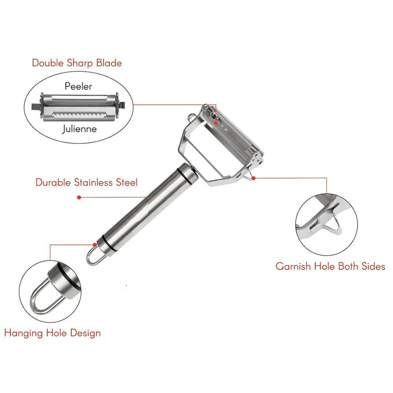 Peeler Slicer Vegetable Fruit Shaver Cutter Double Slice Stainlesss Steel Dual Ultra Sharp Cooking Easy Quick Multifunction Tool Potato Cucumber Shredder Blade Kitchen Julienne with Cleaning Brush