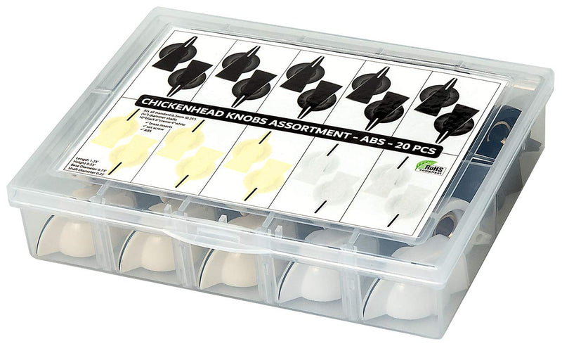 20 pcs Chickenhead Knobs Assortment Kit Box, 10 pcs Black, 6 pcs Creme, 4 pcs White, ABS
