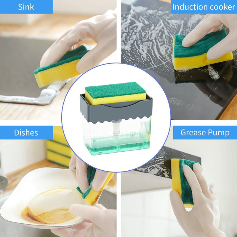 AmazeFan Soap Pump Dispenser and Sponge Holder, 2 in 1 One Hand Soap Pump and Sponge Caddy, Durable and Easy to Clean for Kitchen, Bathroom, Dishwashing, Taps, with 3 Sponges Soap Dispenser with 3 Pack Sponges