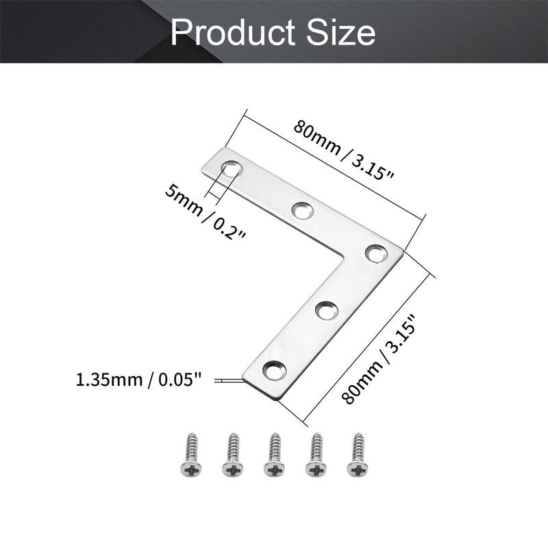 MroMax 10PCS L-Shaped Right Angle Bracket (L x W) Stainless Steel Right Angle Bracket Fastener Silver
