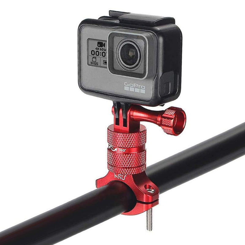 HSU Aluminum Bike Bicycle Handlebar Mount for Gopro Hero 10/9/8/7/6/5/4 Session AKASO Campark and Other Action Cameras, 360 Degrees Rotary Mountain Bike Rack Mount (Red) Red