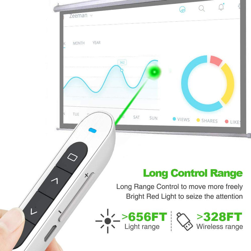 NORWII N76 Green Presentation Clicker Rechargeable Wireless Presenter Remote with Green Light, 330FT Presentation Pointer Slide Advancer Support Hyperlink/Volume/Key-Customized White-N76 Green Light