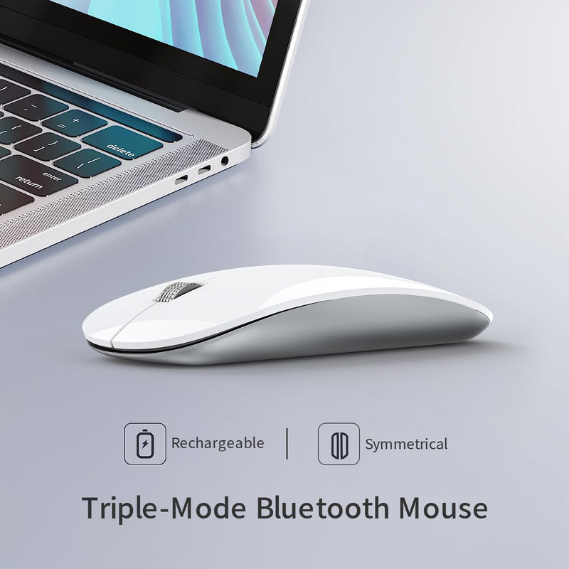 TENMOS M18 Bluetooth Mouse, USB C Rechargeable Wireless Mouse, Triple Mode (Dual Bluetooth+USB) Computer Silent Mice Portable with USB Receiver and Type C Adapter for Laptop/MacBook/iPad/PC - White