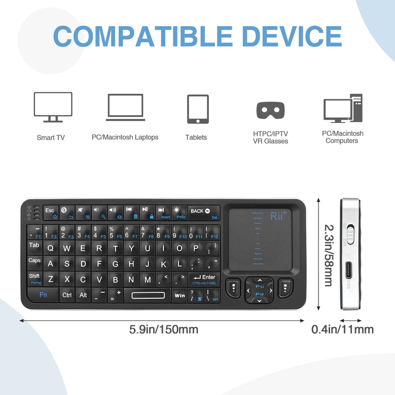 Rii K06 Mini Bluetooth Keyboard,Backlit 2.4GHz Wireless Keyboard with IR Learning, Portable Lightweight with Touchpad Compatible with Android TV Box， Mac, Laptop, Windows (Bluetooth Version)